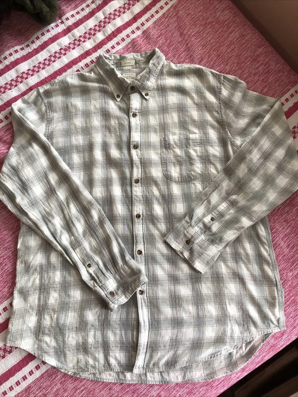 NWOT J. Crew Men’s Brushed Twill Button Down XL White Blue Grey Long Sleeve